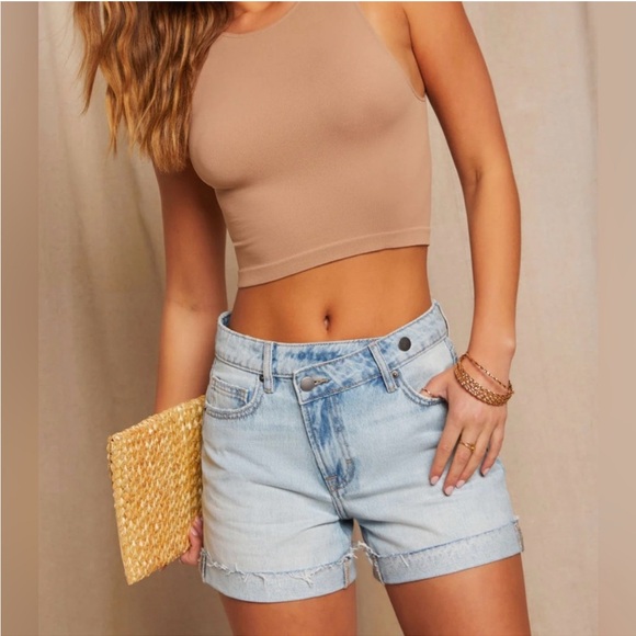 Crossover waist cuffed denim shorts - Picture 1 of 6